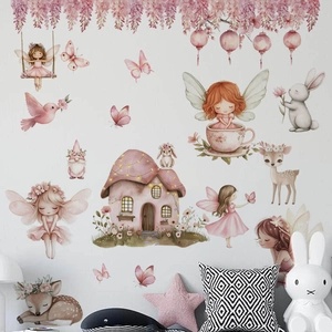 Stickers muraux maison champignon fée rose avec animaux pour chambre de petite fille