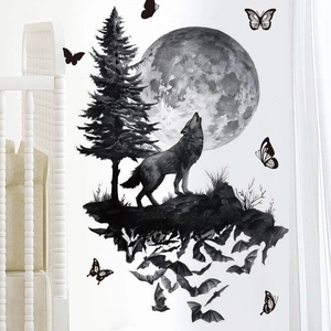 Halloween howling wolf wall sticker with moon, pine tree and bats for home decor