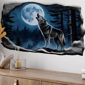 3D midnight wolf howling at full moon wall sticker with broken wall visual effect