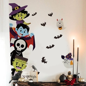 Cartoon Halloween wall stickers featuring witch vampire and ghost for festive home decor