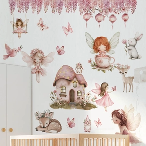 Stickers muraux maison champignon et fées pour chambre de fille décor aquarelle