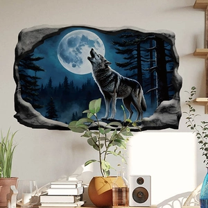 3D midnight wolf howling at the moon wall decal with broken wall effect for home decor