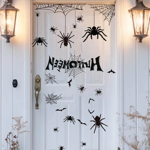 Αυτοκόλλητα τοίχου αράχνη Halloween με νυχτερίδες σε λευκή πόρτα εισόδου