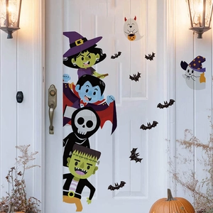Cartoon Halloween wall stickers featuring witch, vampire, and skeleton for home door decor