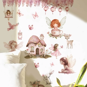 Stickers muraux féeriques avec maison champignon et animaux pour chambre de petite fille