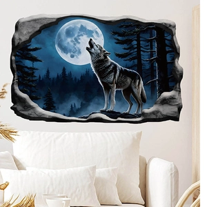 3D midnight howling wolf wall sticker with broken wall effect for living room decor