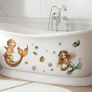 Waterproof PVC Mermaid Cartoon Wall Stickers For Bathroom Bathtub Home Decor Cute Ocean Theme Shell Starfish Adhesive Decal