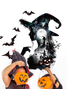Detail of Halloween witch silhouette wall decal with moon, bats, and pumpkin elements