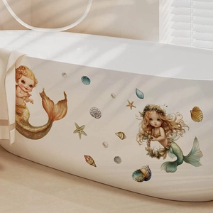 Waterproof cartoon mermaid wall stickers for bathroom decor featuring shell and starfish motifs