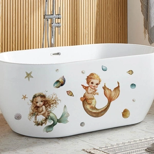 Cartoon mermaid wall stickers for bathroom bathtub decoration with seashells and starfish