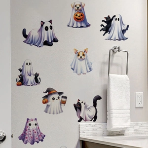 Adesivi murali di Halloween con cani fantasma, gatti neri e zucche per il bagno