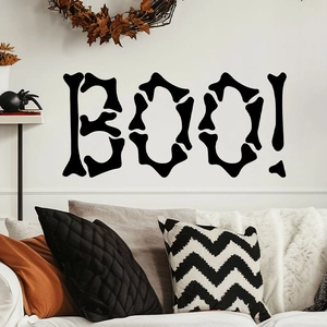 Halloween BOO wall decal with black bone-shaped letters for festive home decor