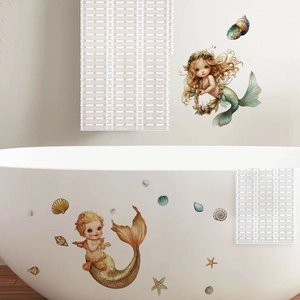Cartoon mermaid wall stickers with shells and starfish for bathroom wall decoration