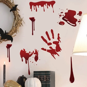 Halloween bloody handprint wall stickers set with pumpkins and spooky home decor scene