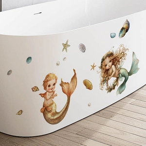 Waterproof cartoon mermaid wall decals for bathroom decor with shells and starfish