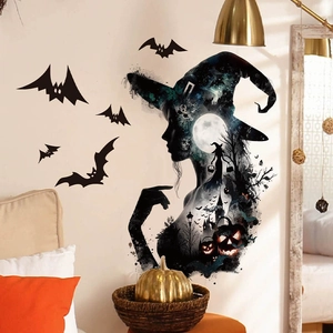 Halloween wall sticker set with witch silhouette, bats, and castle for home wall decor