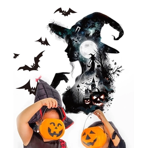 Halloween wall sticker set featuring a witch silhouette with castle and bats decoration