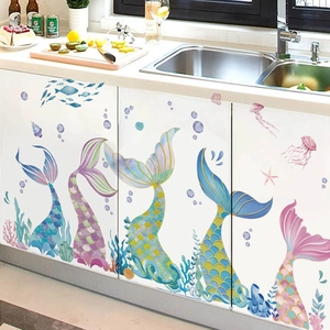 Colorful mermaid tail wall stickers with jellyfish and sea elements for home decor