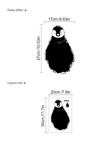 Detailed size chart for black penguin wall sticker showing paste and layout dimensions