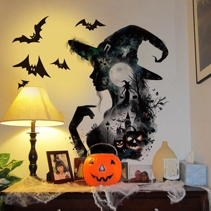 Halloween witch silhouette wall decal with bats and castle for spooky home decor