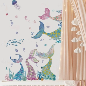 Colorful mermaid wall stickers with jellyfish and coral for kids bedroom wall decor