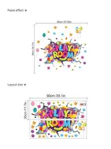 Detalle del tamaño del vinilo Play Room y efecto de pegado colorido para cuarto de niños