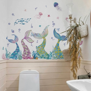 Mermaid wall decals set with jellyfish and fish for kids bathroom and bedroom decoration