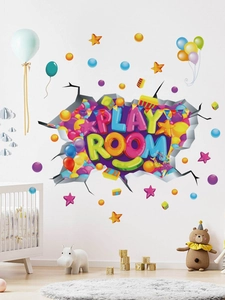 Detalle de vinilo decorativo Play Room con diseño de grieta 3D y estrellas de colores