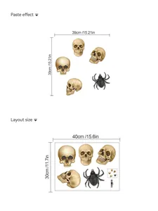 Size guide for Halloween stickers with gold skulls and black spider for wall decoration