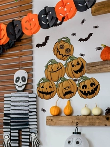 Lot de stickers muraux Halloween avec citrouilles orange, chauves-souris noires et araignées