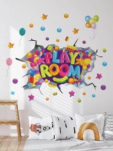 Detalle de vinilo decorativo 3D Play Room con globos de colores y estrellas para niños