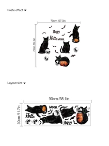 Detailed Halloween wall decal layout showing black cats, pumpkins, and sizes 90x30cm