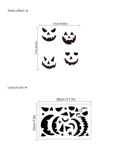 Detail of DIY Halloween pumpkin facial stickers showing paste effect and layout dimensions