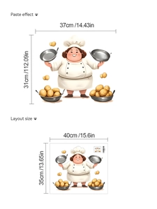 Detail showing cartoon fat chef wall sticker layout and paste effect dimensions