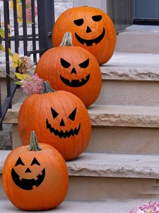 Close-up of four diverse Jack-o'-lantern face decals on orange pumpkins on stone stairs