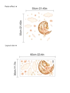 Détail du sticker mural avec fille sur la lune et nuages incluant les dimensions