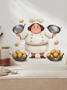 Detail of cartoon fat chef wall sticker with frying pans and potatoes in a kitchen setting