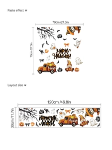 Detailed Halloween wall decal layout showing dimensions and festive cartoon graphics