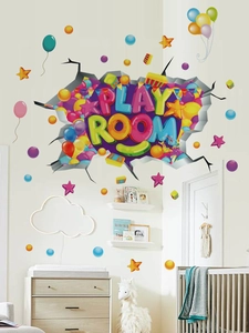 Detalle de vinilo de pared 3D con texto Play Room de colores y globos para dormitorio
