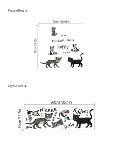 Detailed wall sticker layout and 72x72cm display of cartoon cats with funny quote