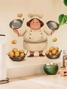 Removable PVC wall sticker of a cartoon chef and flying potatoes on kitchen wall