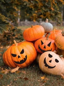Close-up of Halloween pumpkin decals featuring jack-o'-lantern faces on autumn yard props