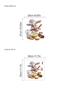 Detail view of cartoon rabbit chef wall sticker showing layout and paste size dimensions