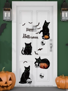 Detail of Halloween wall decals featuring black cats, bats, and Happy Halloween text