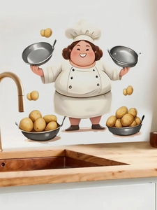 Detail of cartoon chef wall sticker with potato pattern on kitchen sink backsplash