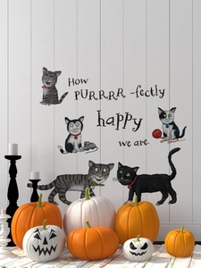 Funny Halloween cartoon cats wall stickers with happy quotes on a wooden wall decor