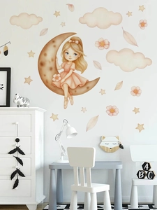 Stickers muraux fillette sur la lune avec étoiles et nuages pour chambre d'enfant