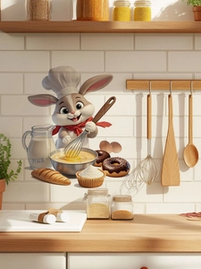 Detail of cartoon bunny chef wall stickers with milk and bread on white tile kitchen wall