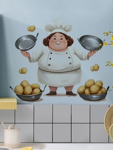 Detailed view of a chubby chef wall sticker on a kitchen wall with potato baskets