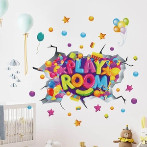 Pegatina de Pared 3D Play Room Para Habitación Infantil Decoración PVC Removible Multicolor Globo Estrella Efecto Grieta